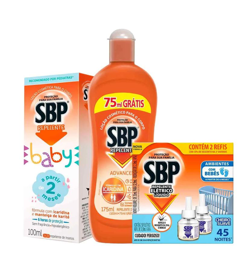 Repelente Kit SBP Advanced Loção + Infantil Baby Icaridina Sem Fragrância Loção + Refil Elétrico Líquido Cheiro Suave 2 Unidades