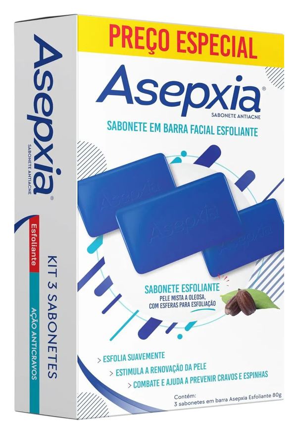 Asepxia Sabonete em Barra Esfoliante - Ação Anti Cravos - Kit com 3 Unidades de 80g