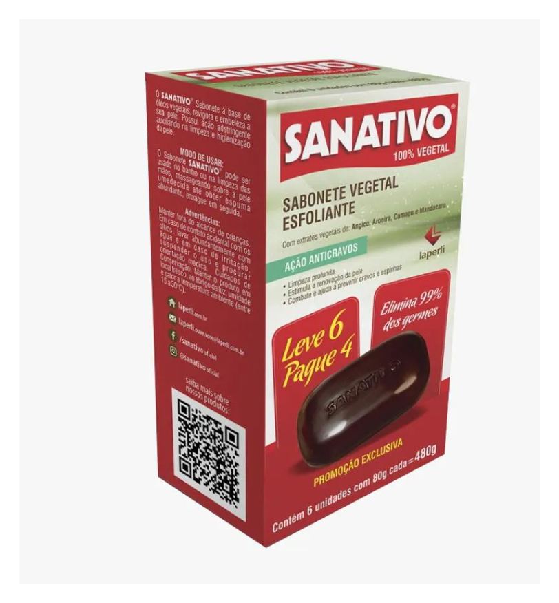 Sanativo Sabonete Vegetal Esfoliante Leve 06 Pague 04 Elimina 99% dos Germes 80g