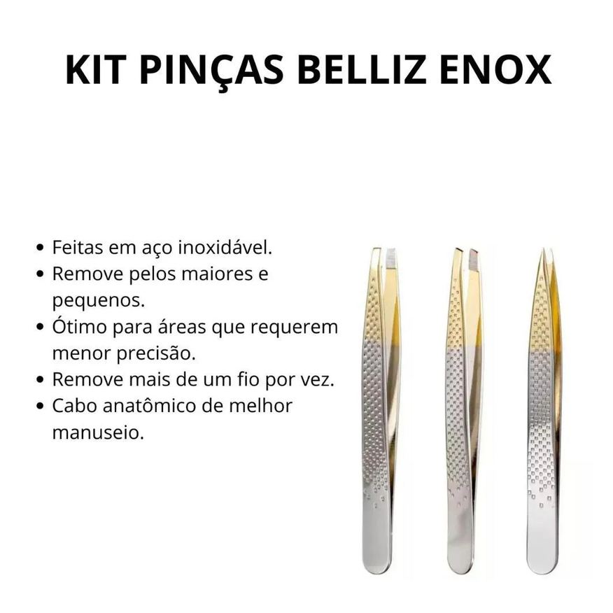 Pinças Kit Belliz Enox Ponta Reta + Ponta Diagonal + Ponta Fina C/3