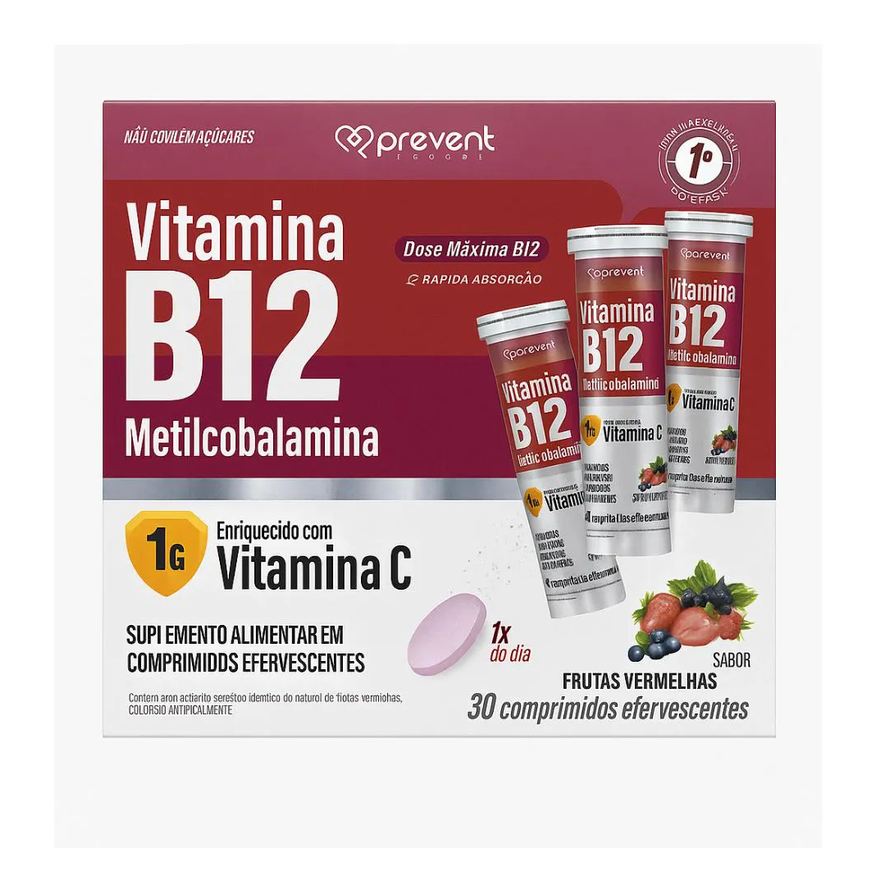 Prevent Pharma Vitamina B12 Metilcobalamina Frutas Vermelhas C/30 comprimidos