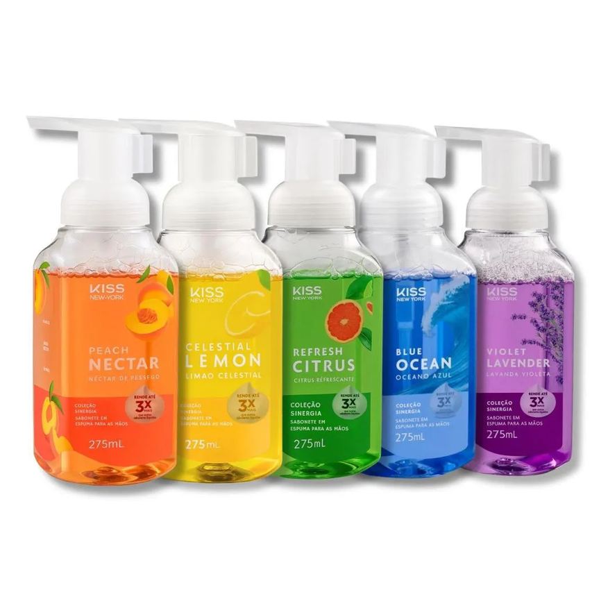 Kiss New York Kit Coleção Sinergia 5 Sabonetes em Espuma: Celestial Lemon, Violet Lavender, Peach Nectar, Refresh Citrus e Blue Ocean 275ml