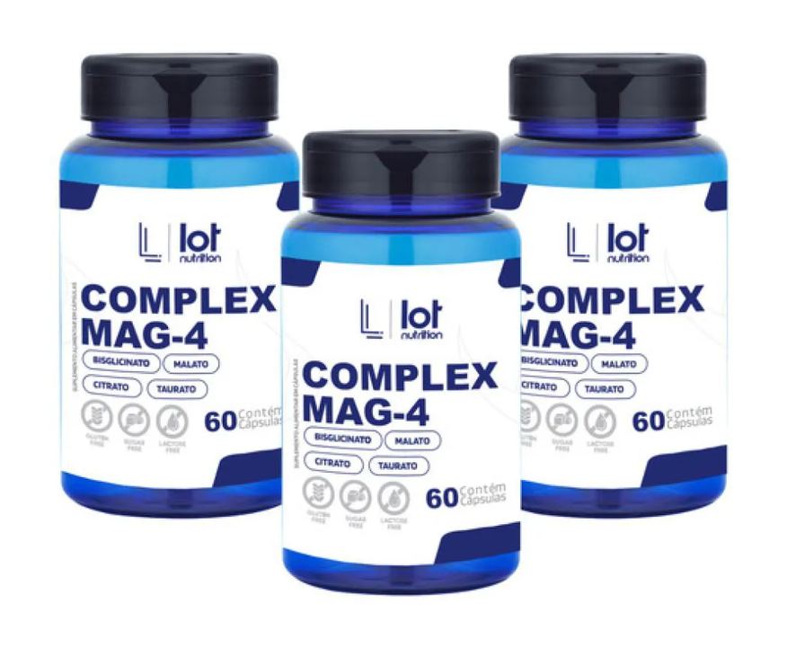 Lot Nutrition Kit 3un Complex Mag4 60 Cápsulas Taurato Quelato Dimalato Citrato sem Sabor