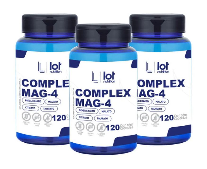 Lot Nutrition Kit 3un Complex Mag4 120 Cápsulas Taurato Quelato Dimalato Citrato sem Sabor