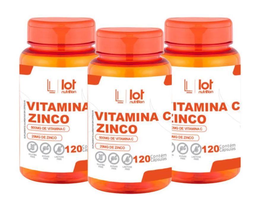 Lot Nutrition Kit 3un Vitamina C 500mg Zinco 29mg 120 cápsula sem Sabor