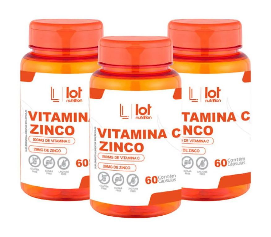 Lot Nutrition Kit 3un Vitamina C 500mg Zinco 29mg 60 cápsulas sem Sabor