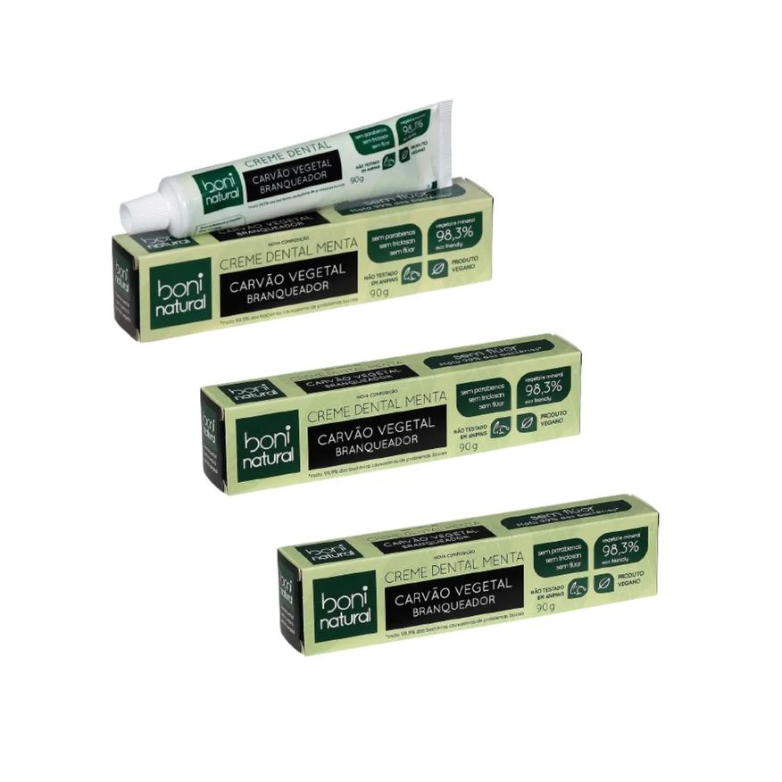 Boni Natural Kit 3 Cremes Dentais Menta e Carvao Vegetal 90g