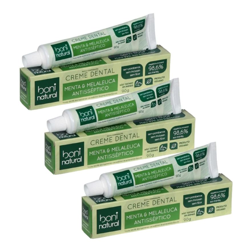 Boni Natural Kit 3 Pastas de Dente Natural e Vegano Menta e Melaleuca 90g