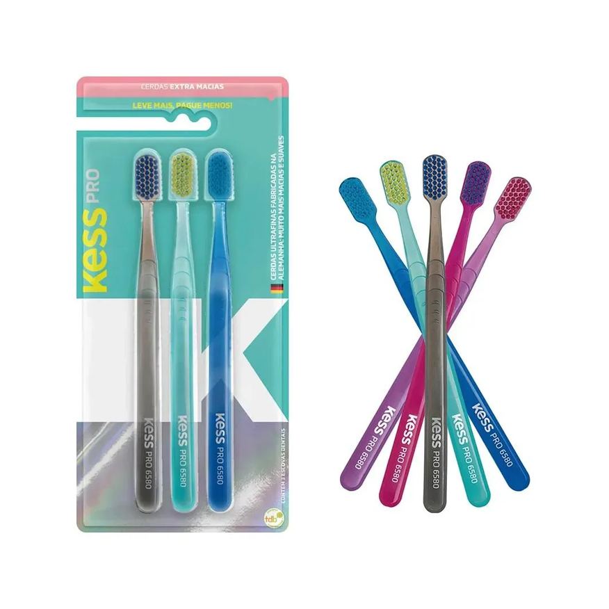 Kess 3 Escovas Dentais Pro Cerdas Extra Macias Coloridas