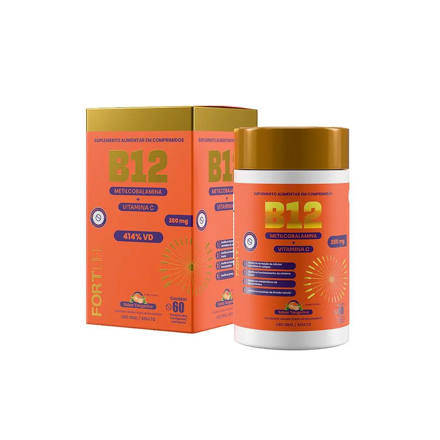 Fortlife Vitamina B12 + Vitamina C Sabor Tangerina com 60 cápsulas Gelatinosas