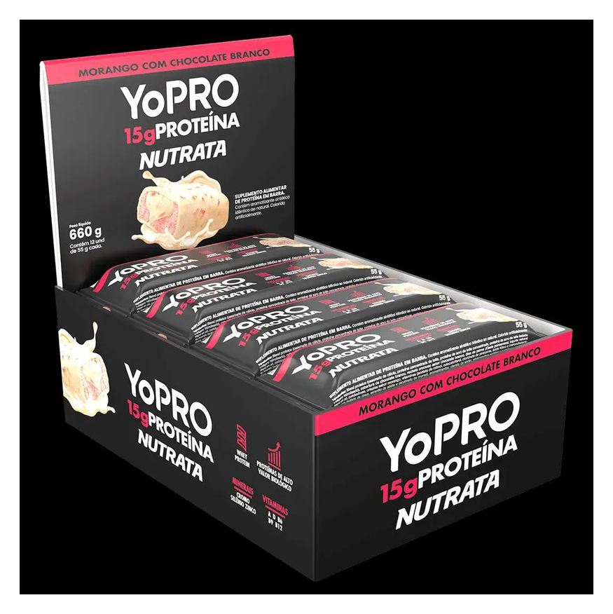Nutrata Barra Yopro Sabor Morango com Chocolate Branco Display 12 Unidades