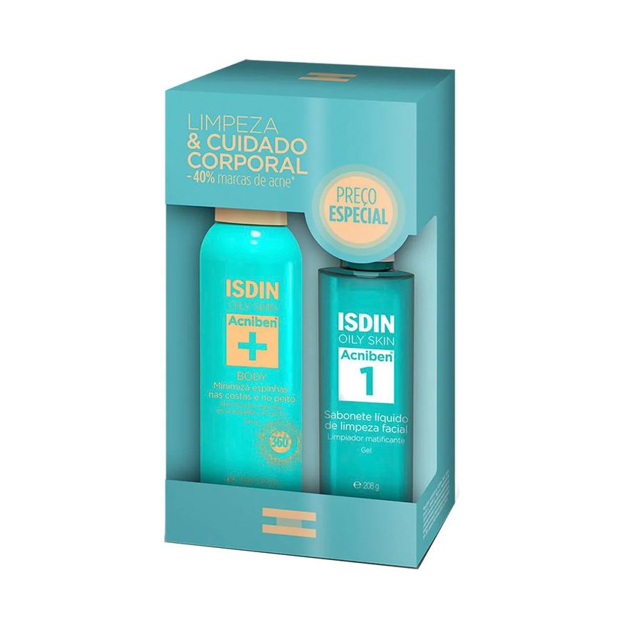 Isdin Kit Limpeza & Cuidado Corporal Pele Oleosa Spray Corporal Antiacne Acniben+ 150ml + Sabonete Líquido Acniben 1 208g