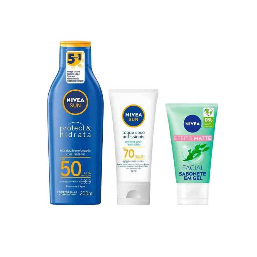 Nivea Kit Protetor Solar Facial FPS 70 Sun Toque Seco Antissinais 40ml + Protetor Solar FPS 50 Sun Protect & Hidrata 200ml + Sabonete Facial em Gel