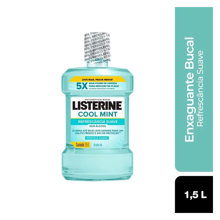 Listerine Enxaguante Antisséptico Bucal Cool Mint Zero Álcool Hortelã Suave 1,5L