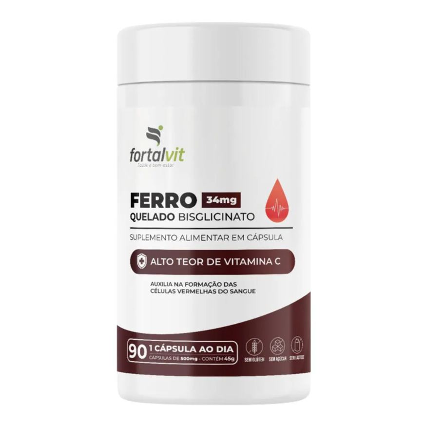 Fortalvit Ferro Quelado Bisglicinato 34mg, 90 Cápsulas, Alto Teor De Vitamina C,