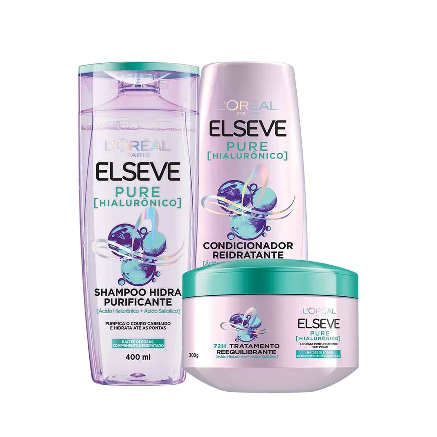 L'Oréal Paris Kit Elseve Pure Hialurônico Shampoo 400ml + Condicionador 400ml + Creme de Tratamento 300g
