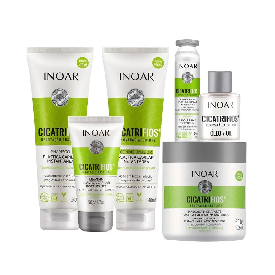 Inoar Kit Cicatrifios Shampoo 240ml + Condicionador 240ml + Leave-In 50ml + Ampola 45ml + Máscara de Hidratalção 500g + Óleo 7ml