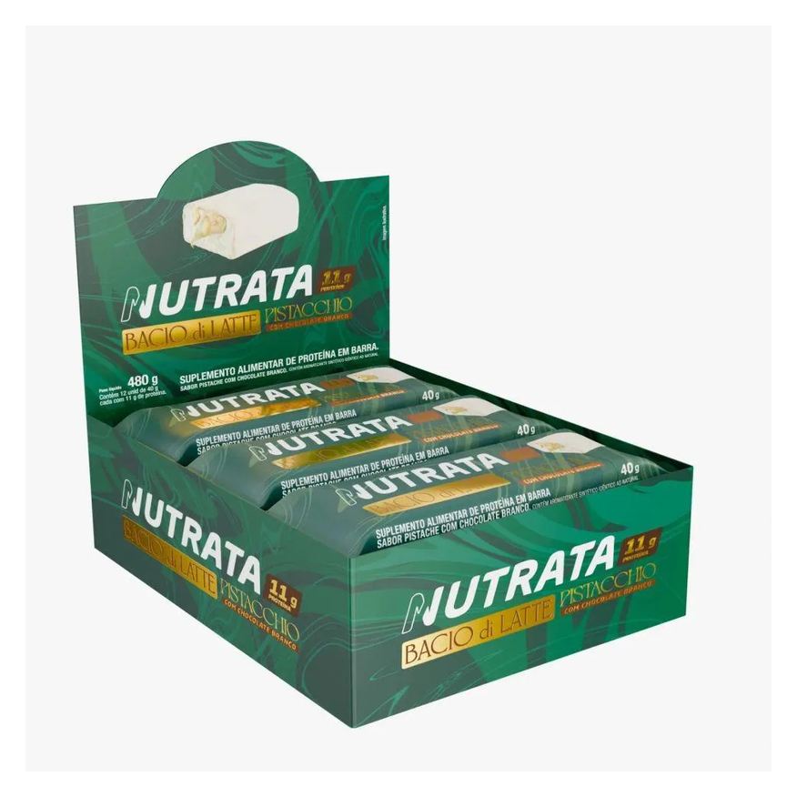 Nutrata Barra Proteica Bacio Di Latte Caixa com 12 unidades (480g) - Sabor: Pistacchio com Chocolate Branco