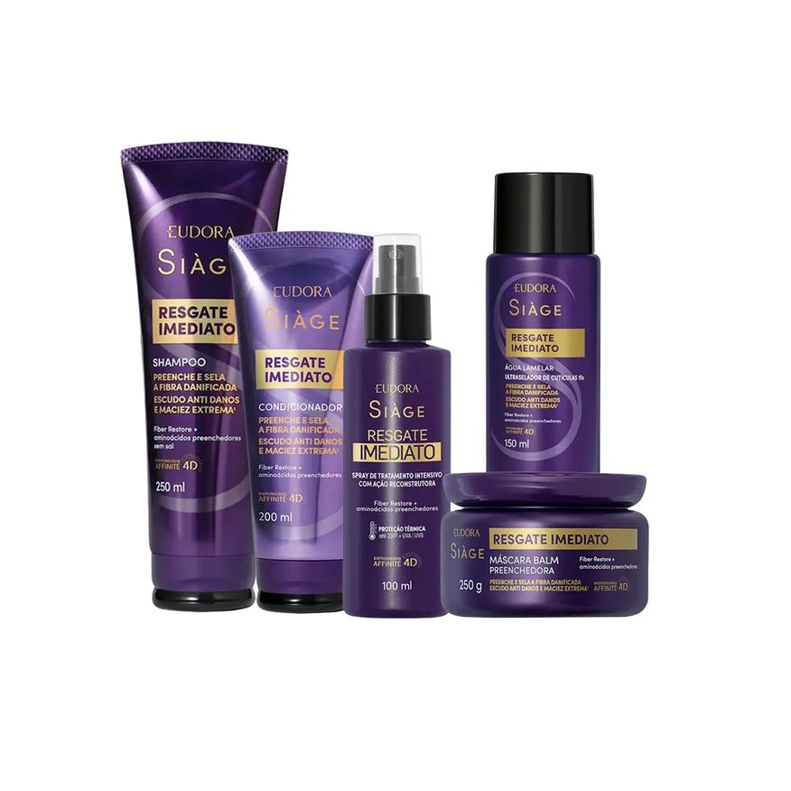 Eudora Siàge Kit Resgate Imediato Shampoo 250ml + Condicionador 200ml + Máscara 250g + Água Lemelar 250g + Leave-In 100ml