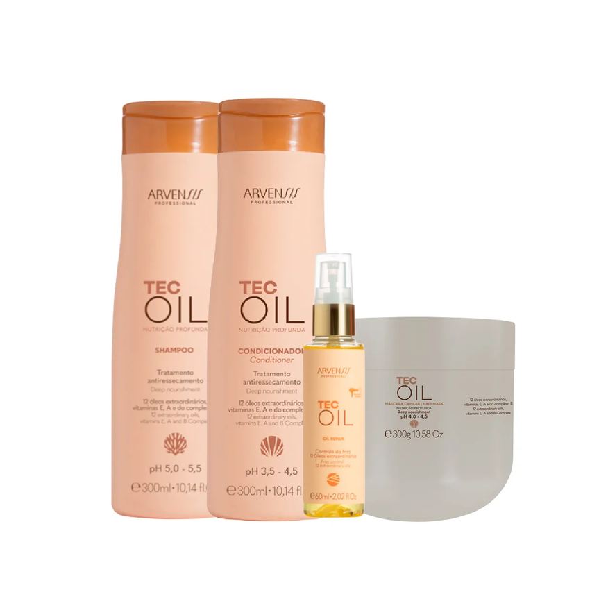 Arvensis Kit Tec Oil Nutrição Profunda Shampoo 300ml + Condicionador 300ml + Máscara 300g + Óleo Reparador 45ml