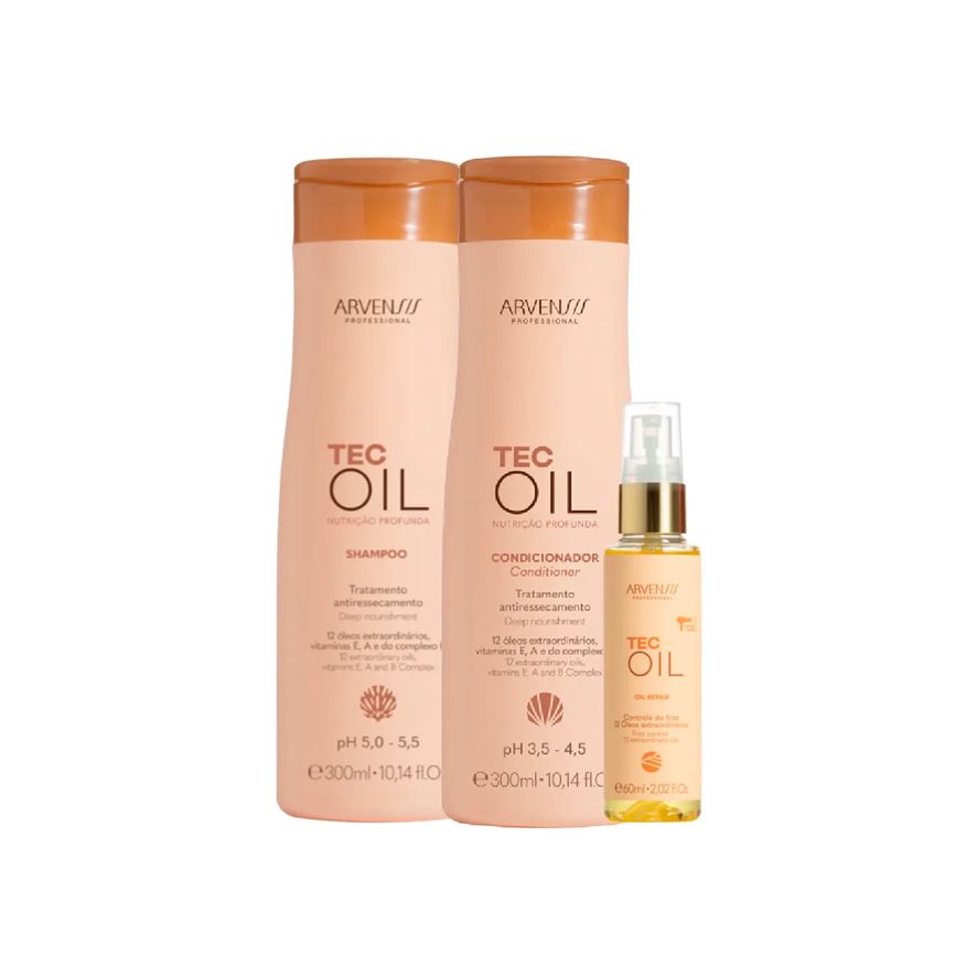 Arvensis Kit Tec Oil Nutrição Profunda Shampoo 300ml + Condicionador 300ml + Óleo Reparador 45ml