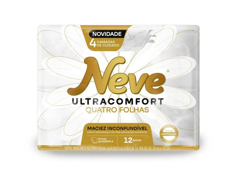 Higiênico Papel Neve Folha Quadrupla Neutro Ultracomfort 20M Pacote 12 Unidades