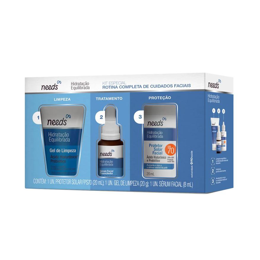 Needs Kit Facial Mini Hidratação Equilibrada Protetor Solar FPS 70 20ml + Gel de Limpeza 20g + Sérum 10ml