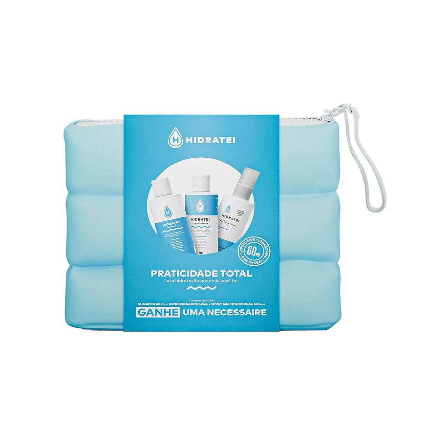 Hidratei Kit Mini Shampoo 60ml + Condicionador 60ml + Spray Multifuncional 60ml + Necessaire Puffer