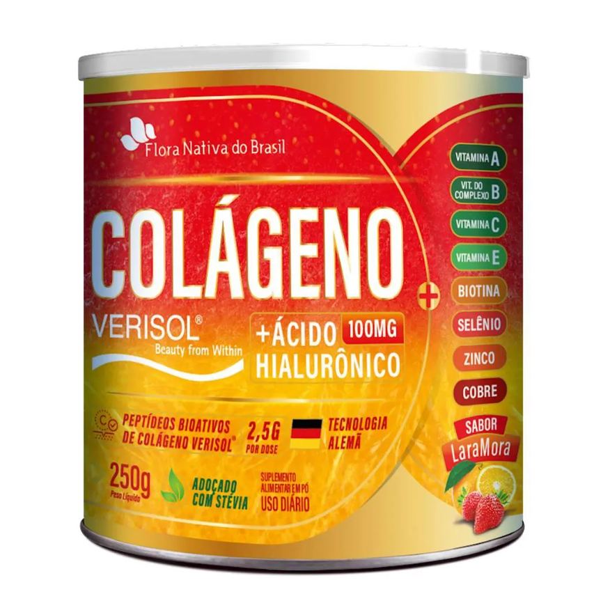 Flora Nativa Do Brasil Colágeno Verisol + Ácido Hialurônico em Pó 250g - Flora Nativa Laranja com Morango