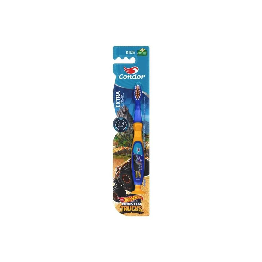 Mundo Condor Escova Dental Extramacia com Limpador de Língua e Ventosa Hot Wheels Monster Trucks Condor Kids Cabe Azulamarelo