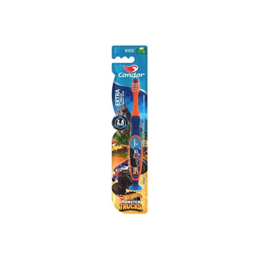Mundo Condor Escova Dental Extramacia com Limpador de Língua e Ventosa Hot Wheels Monster Trucks Condor Kids Cabe Laranjaazul