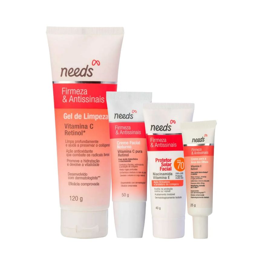 Needs Kit Firmeza & Antissinais Protetor Solar Facial FPS 70 40g + Creme para Área dos Olhos 25g +Hidratante Facial Noturno 50g + Gel de Limpeza