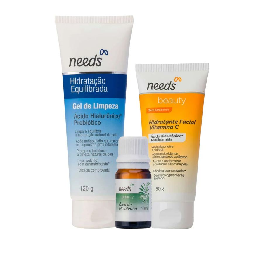 Needs Kit Facial Gel de Limpeza 120g + Hidratante Vitamina C 50g + Óleo de Melaleuca 10ml