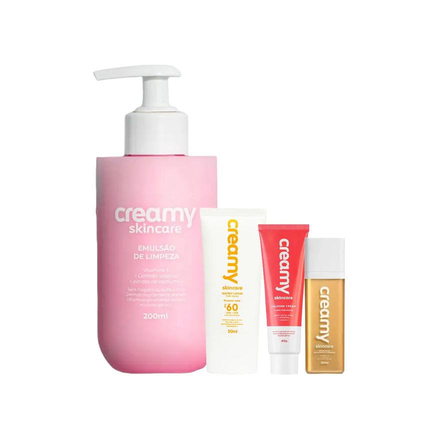 Creamy Kit Facial Skincare Protetor Solar FPS 60 50ml + Creme Hidratante Calming 40g + Emulsão de Limpeza 200ml + Sérum Clareador Vitamina C 30ml