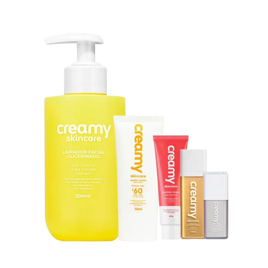Creamy Kit Facial Skincare Protetor Solar FPS 60 50ml + Creme Hidratante 40g + Limpador Glicerinado 200ml + Sérum Clareador 30ml + Creme de Olhos 15g