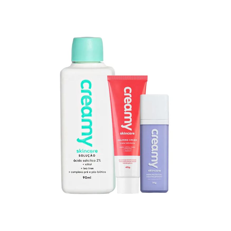 Creamy Kit Facial Skincare Tônico Antiacne Esfoliante 90ml + Creme Hidratante Facial Calming 40g + Sérum Facial Adapalenato 30g