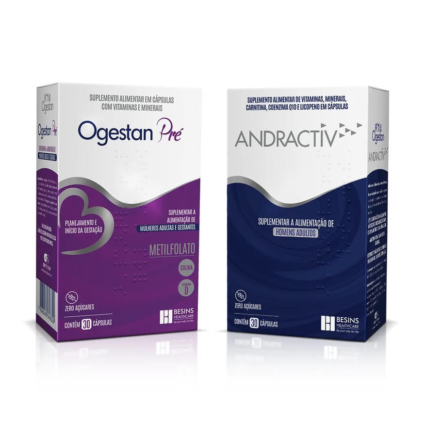 Kit Polivitamínico Ogestan Pré para Gestantes 30 cápsulas + Polivitamínico Andractiv Besins Healthcare Homem 30 cápsulas