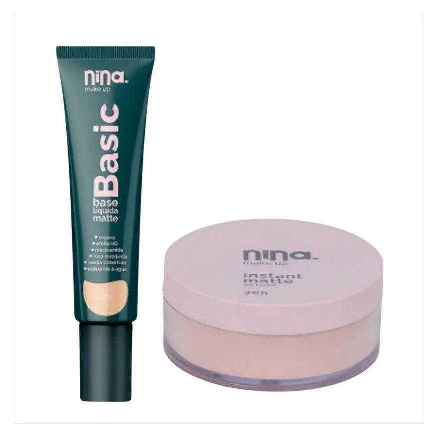 Nina Makeup Kit Base Líquida Basic+Pó Solto Instant Cor 1