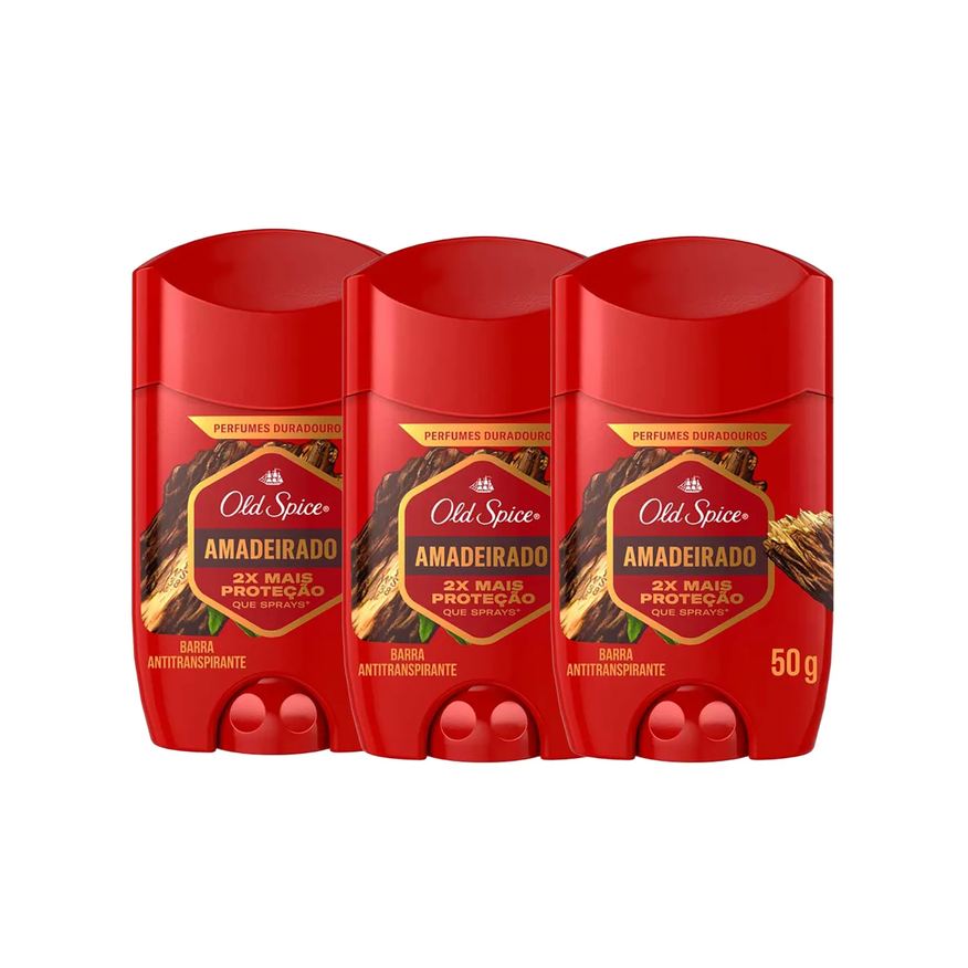 Old Spice Kit Desodorante Antitranspirante Barra Amadeirado Masculino 50g 3 Unidades