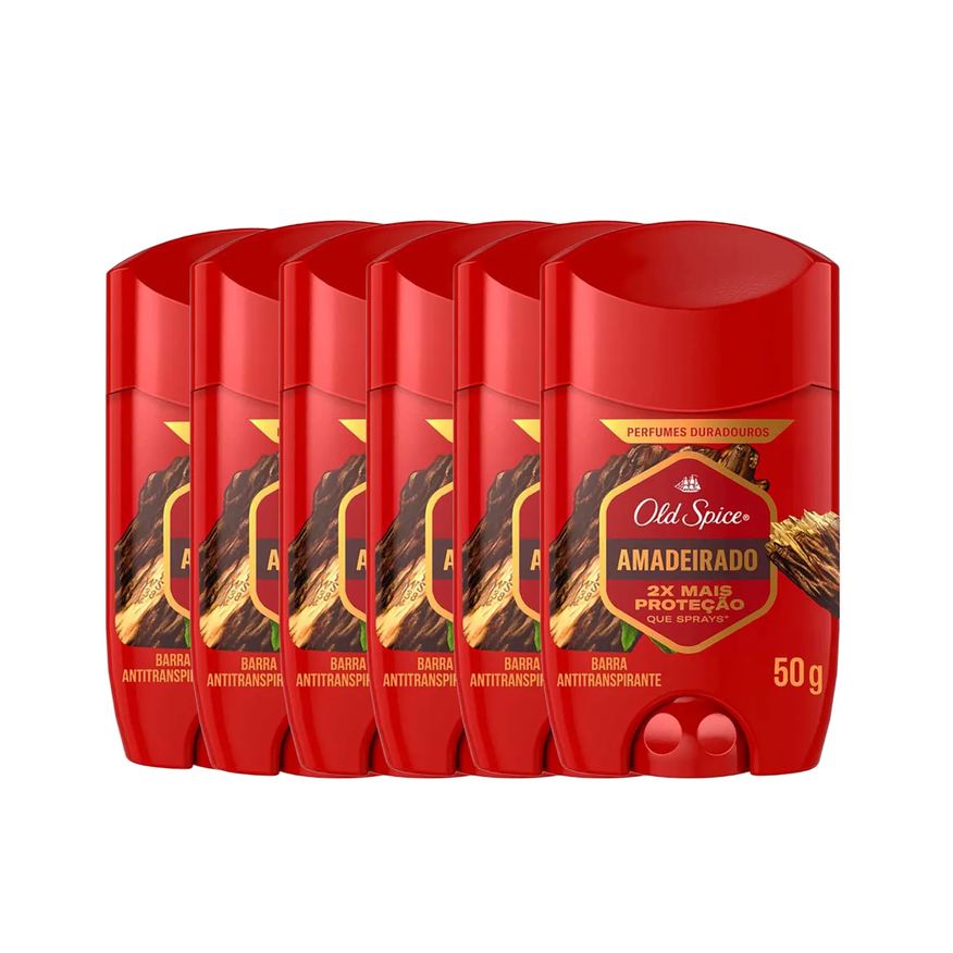 Old Spice Kit Desodorante Antitranspirante Barra Amadeirado Masculino 50g 6 Unidades