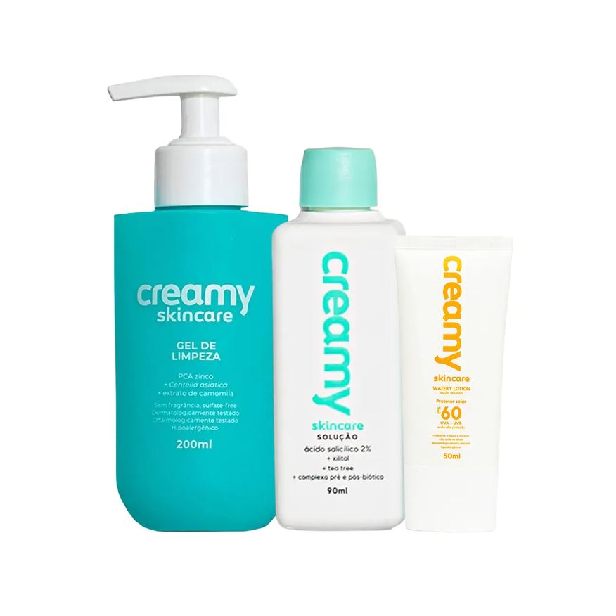 Creamy Kit Facial Skincare Gel de Limpeza 200ml + Tônico Antiacne Ácido Salicílico 90ml + Protetor Solar Loção FPS 60 50ml