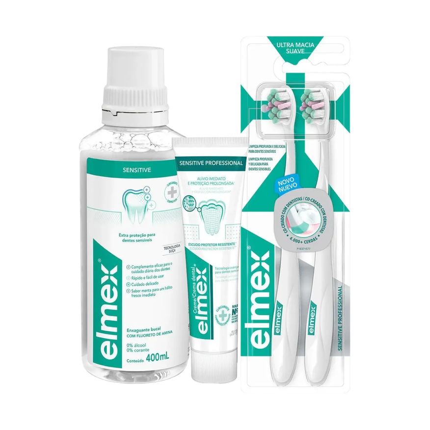 Elmex Kit Sensitive Creme Dental 110g + Escova de Dente Ultra Macia Suave 2un + Enxaguante Bucal Sem Álcool 400ml
