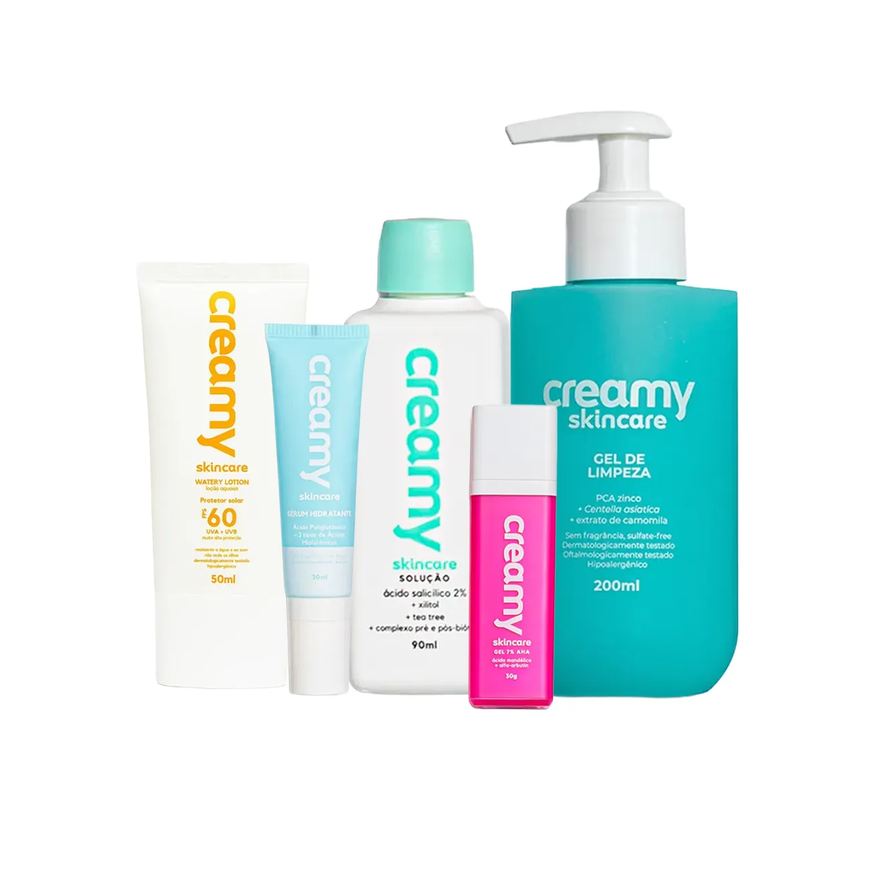 Creamy Kit Facial Gel de Limpeza 200ml + Tônico Antiacne 90ml + Sérum Hidratante 30ml + Protetor Solar FPS 60 + Gel Clareador Antiacne 30g