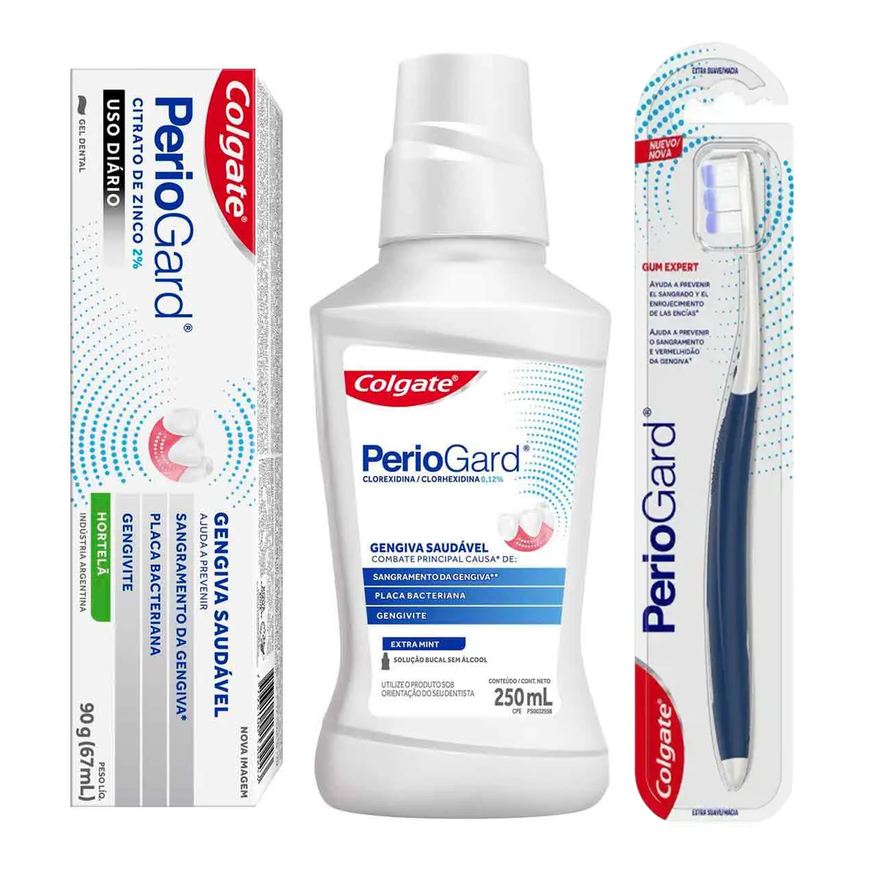 Cuidado Kit com a Gengiva Periogard Pasta de Dente em Gel Sabor Hortelã + Escova de Dente Extra Macia + Enxaguante Bucal Sem Álcool Extra Mint