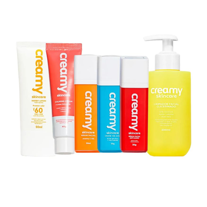 Creamy Kit Facial Limpador Glicerinado 200ml + Sérum Vitamica C 30g + Creme Hidratante Calming 40g + Protetor Solar FPS 60 50ml + Creme