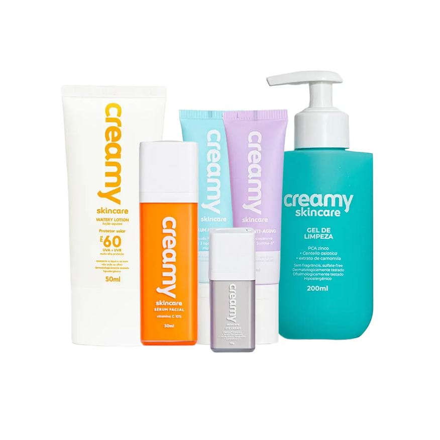 Creamy Kit Facial Gel de Limpeza 200ml + Sérum Vitamina C 30g + Sérum Anti-Idade 30ml + Sérum Hidratante 30ml + Creme para Área dos Olhos 15g +