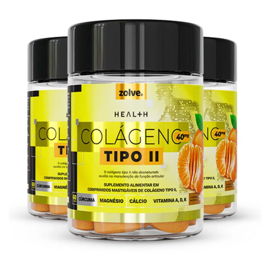 Zolve Labs Suplemento Natural Colágeno tipo 2 - UC‑II®, não desnaturado, 3 Potes com 60 Cápsulas Mastigáveis Sabor Tangerina