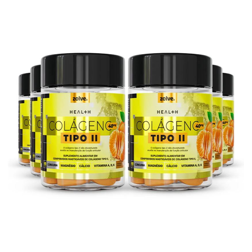 Zolve Labs Suplemento Natural Colágeno tipo 2 - UC‑II®, não desnaturado, 6 Potes com 60 Cápsulas Mastigáveis Sabor Tangerina