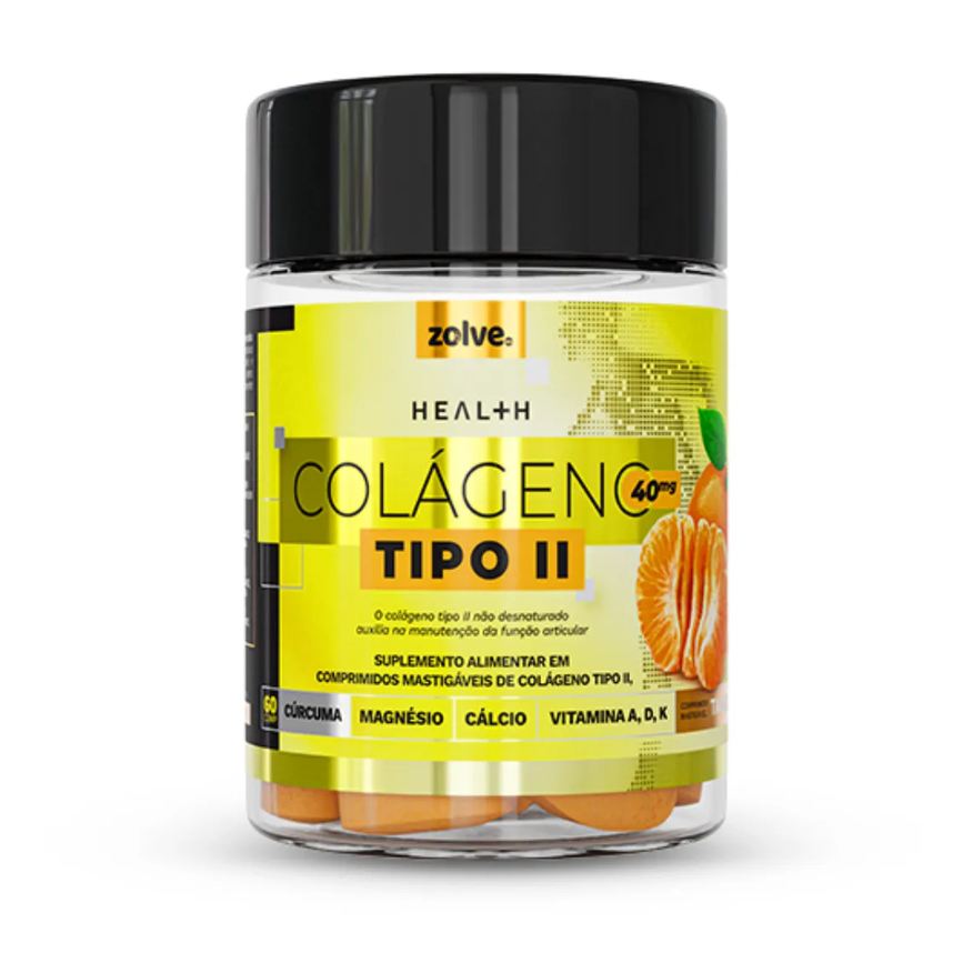 Zolve Labs Suplemento Natural Colágeno tipo 2 - UC‑II®, não desnaturado, Pote com 60 Cápsulas Mastigáveis Sabor Tangerina