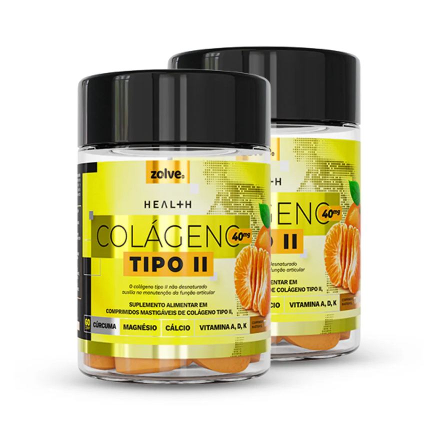 Zolve Labs Suplemento Natural Colágeno tipo 2 - UC‑II®, não desnaturado, 2 Potes com 60 Cápsulas Mastigáveis Sabor Tangerina